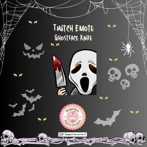 May include: A digital design featuring a Ghostface character holding a bloody knife, with the text "Twitch Emote Ghostface Knife." The design includes bats, skulls, spiderwebs, and yellow eyes on a dark background. A pink and white logo is also present.