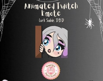 May include: Animated Twitch emote of a girl with purple hair peeking around a corner. The emote is titled "Lurk Sable. DBD".