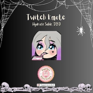 May include: A purple-haired anime-style character with a pink drink and a straw. The character is wearing a black shirt with a white star. The text "Twitch Emote" is at the top of the image. The text "Hydrate Sable, DBD" is below the character. The text "AuggetAxle Digital Designs" is below the character. The text "Support me on Ko-fi" is at the bottom of the image.