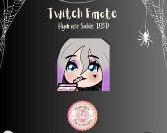 Könnte beinhalten: Ein Anime-Charakter mit lila Haaren, der ein rosa Getränk mit einem Strohhalm trinkt. Der Charakter trägt ein schwarzes Shirt mit einem weißen Stern. Der Text "Twitch Emote" befindet sich oben im Bild. Der Text "Hydrate Sable, DBD" befindet sich unter dem Charakter. Der Text "AuggetAxle Digital Designs" befindet sich unter dem Charakter. Der Text "Support me on Ko-fi" befindet sich unten im Bild.