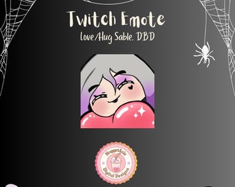 Könnte beinhalten: Ein lila und pinkfarbenes Twitch-Emote mit einer Cartoon-Figur mit herzförmigem Gesicht, die lächelt und ein pinkfarbenes Herz umarmt. Das Emote ist mit "Love/Hug Sable. DBD" betitelt.