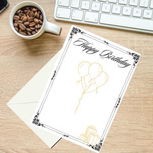 Afdrukbare verjaardagskaart, mooie verjaardagskaart, eenvoudige verjaardagskaart, eenvoudige verjaardagskaart, witte verjaardagskaart, gouden en zwarte verjaardagskaart,