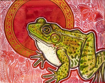 Original Green Frog Miniature Painting by Lynnette Shelley