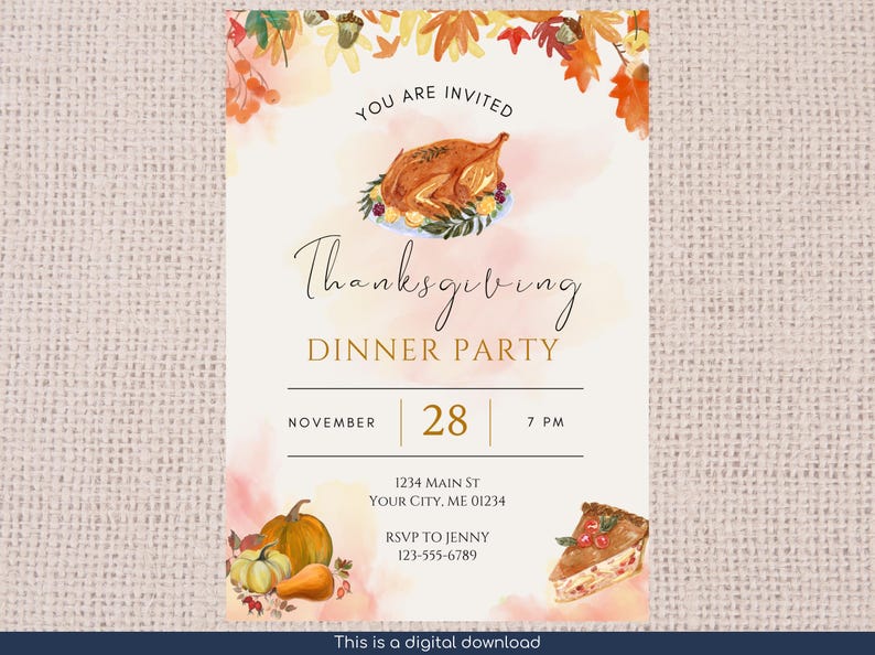 K&ouml;nnte beinhalten: Einladung zum Thanksgiving-Dinner mit Aquarellillustrationen. Die Einladung zeigt einen gebratenen Truthahn, K&uuml;rbisse und ein St&uuml;ck Kuchen. Der Text lautet "Sie sind eingeladen" und "Thanksgiving Dinner Party". Das Datum ist der 28. November um 19 Uhr.