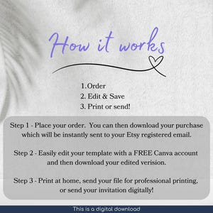 K&ouml;nnte beinhalten: Grafik zum digitalen Download mit Anweisungen zur Verwendung einer Vorlage. Der Text lautet "How it works" in lila Schrift, gefolgt von nummerierten Schritten: Bestellen, Bearbeiten & Speichern und Drucken oder Senden. Enth&auml;lt ein Logo und die Worte "This is a digital download."