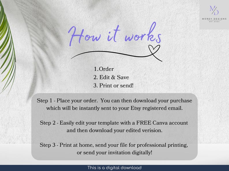 K&ouml;nnte beinhalten: Grafik zum digitalen Download mit Anweisungen zur Verwendung einer Vorlage. Der Text lautet "How it works" in lila Schrift, gefolgt von nummerierten Schritten: Bestellen, Bearbeiten & Speichern und Drucken oder Senden. Enth&auml;lt ein Logo und die Worte "This is a digital download."