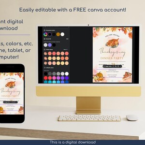 K&ouml;nnte beinhalten: Eine digitale Thanksgiving-Dinnerparty-Einladung, die auf einem Computer, Telefon und Tablet angezeigt wird. Die Einladung zeigt einen Truthahn, K&uuml;rbisse und Herbstbl&auml;tter. Der Text auf dem Bildschirm lautet "Thanksgiving Dinner Party". Das Bild enth&auml;lt auch den Text "Einfach bearbeitbar mit einem KOSTENLOSEN Canva-Konto!" und "Sofortiger digitaler Download".