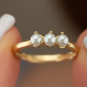 14K Solid Gold Ring with Triple Pearl Design – Elegant Dainty Pearl Band, Minimalist Promise Jewelry, Timeless Everyday Gold Ring For Her