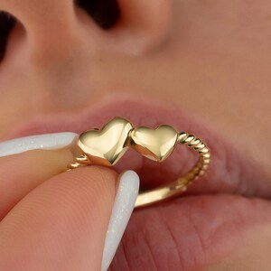 14K Solid Gold Double Heart Rope Band Ring for Women – Dainty Romantic Jewelry – Twisted Love Ring – Elegant Gift for Her – Gold Ring