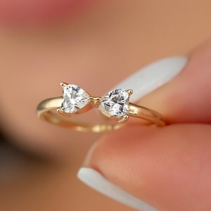 14K Solid Gold Double Heart Open Ring – Dainty CZ Accent Band for Women & Girls, Heart Shaped Ring For Her, Heart CZ Band, Ring For Woman