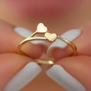 14K Solid Gold Double Heart Ring for Women Girls – Dainty Minimalist Romantic Jewelry – Elegant Gold Band Gift for Her Everyday Wear