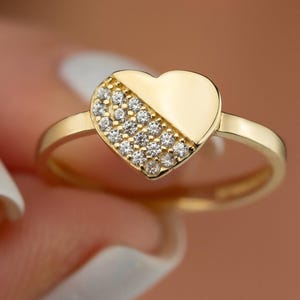 14K Solid Gold Heart CZ Ring for Women, Dainty Real Gold Ring, Sparkling Cubic Zirconia Jewelry, Elegant Minimalist Gift for Her Girl