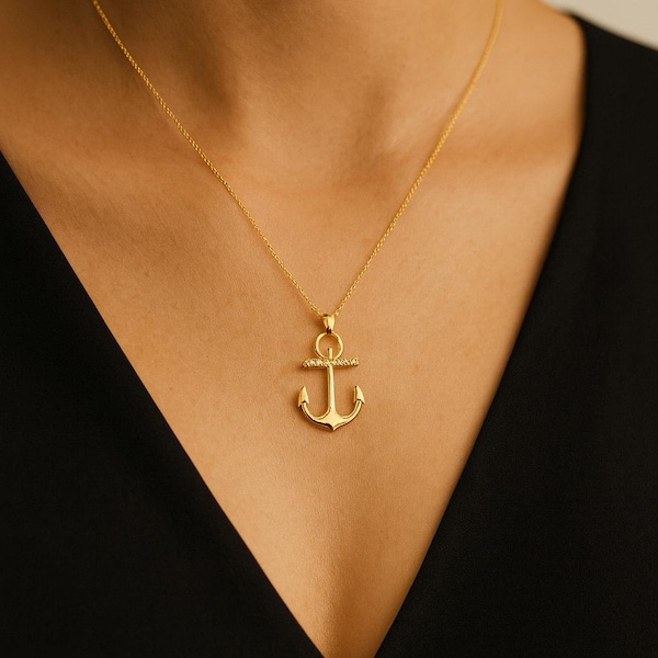 14K Solid Gold Anchor Necklace, Dainty Nautical Jewelry with Stones,Symbol of Hope and Strength,Minimalist Sailor Gift for Her,Beach Jewelry