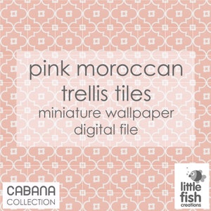 Può includere: File digitale di carta da parati in miniatura con piastrelle a traliccio marocchine rosa. Il design presenta un motivo ripetitivo di quadrilobi bianchi su uno sfondo rosa. Il testo "pink moroccan trellis tiles miniature wallpaper digital file" è visualizzato in una casella bianca al centro dell'immagine. Il testo "CABANA COLLECTION" è visualizzato in una casella bianca nell'angolo inferiore sinistro dell'immagine. Il testo "little fish creations" è visualizzato in una casella bianca nell'angolo inferiore destro dell'immagine.