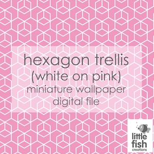 May include: A digital download of a pink and white geometric pattern wallpaper design. The pattern is a repeating hexagon trellis design. The text on the image reads "hexagon trellis (white on pink) miniature wallpaper digital file" and "little fish creations".