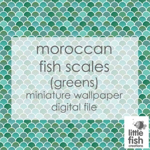 Digital download - &quot;Moroccan fish scales - greens&quot; - miniature dollhouse wallpaper