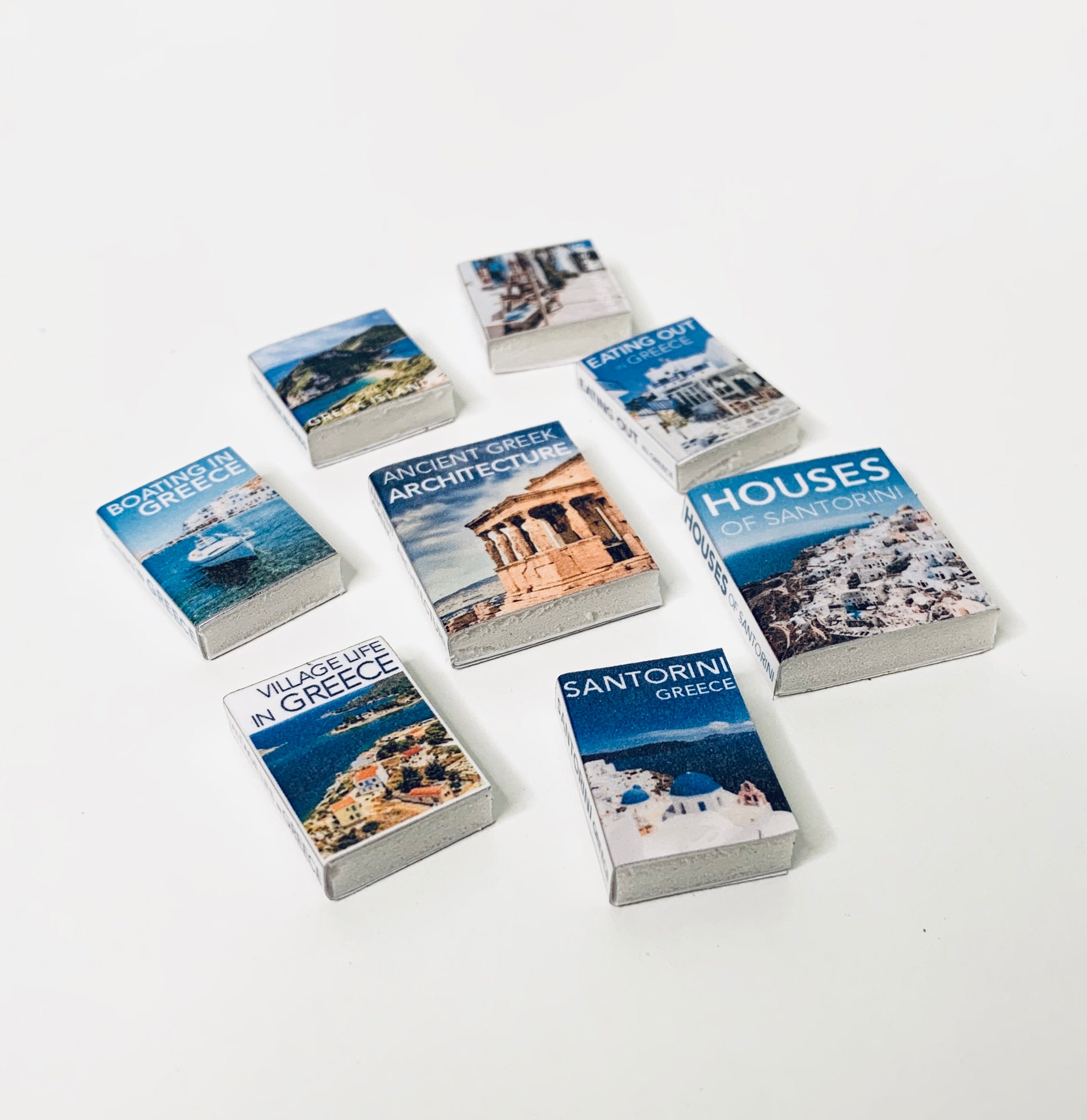 Digital Download - Dollhouse printable miniature / mini book covers, no. 32 - set of 8 (Travel/Greece) - assorted designs (1/12th scale)