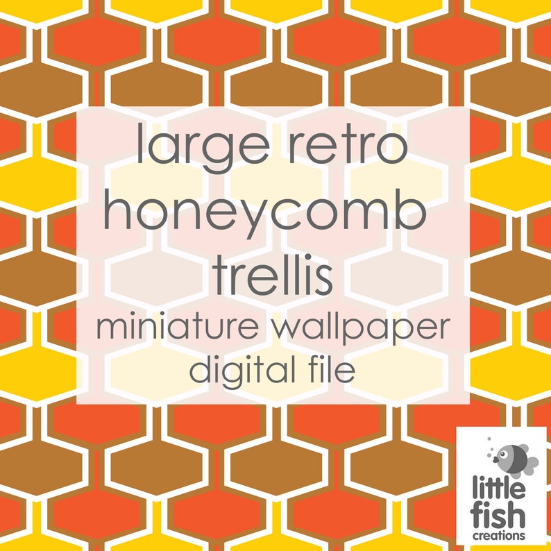 brown Digital Download \u201cLarge retro honeycomb trellis yellow and white\u201d digital dollhouse mini wallpaper scale orange