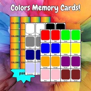 Peut inclure: Un jeu de cartes mémoire de couleurs avec 12 couleurs différentes, dont le blanc, le gris, le bleu marine, le periwinkle, le rouge, le vert, le bleu, le jaune, l'orange, le violet, le rose et le marron. Les cartes sont étiquetées avec le nom de la couleur et ont un carré coloré sur chaque carte.