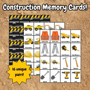 Jogo de cartas de memória com tema de construção | 32 cartas imprimíveis para crianças | Atividade de aprendizagem divertida