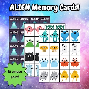 Set van 32 geheugenkaarten met alienthema | Afdrukbaar matchingspel voor kinderen