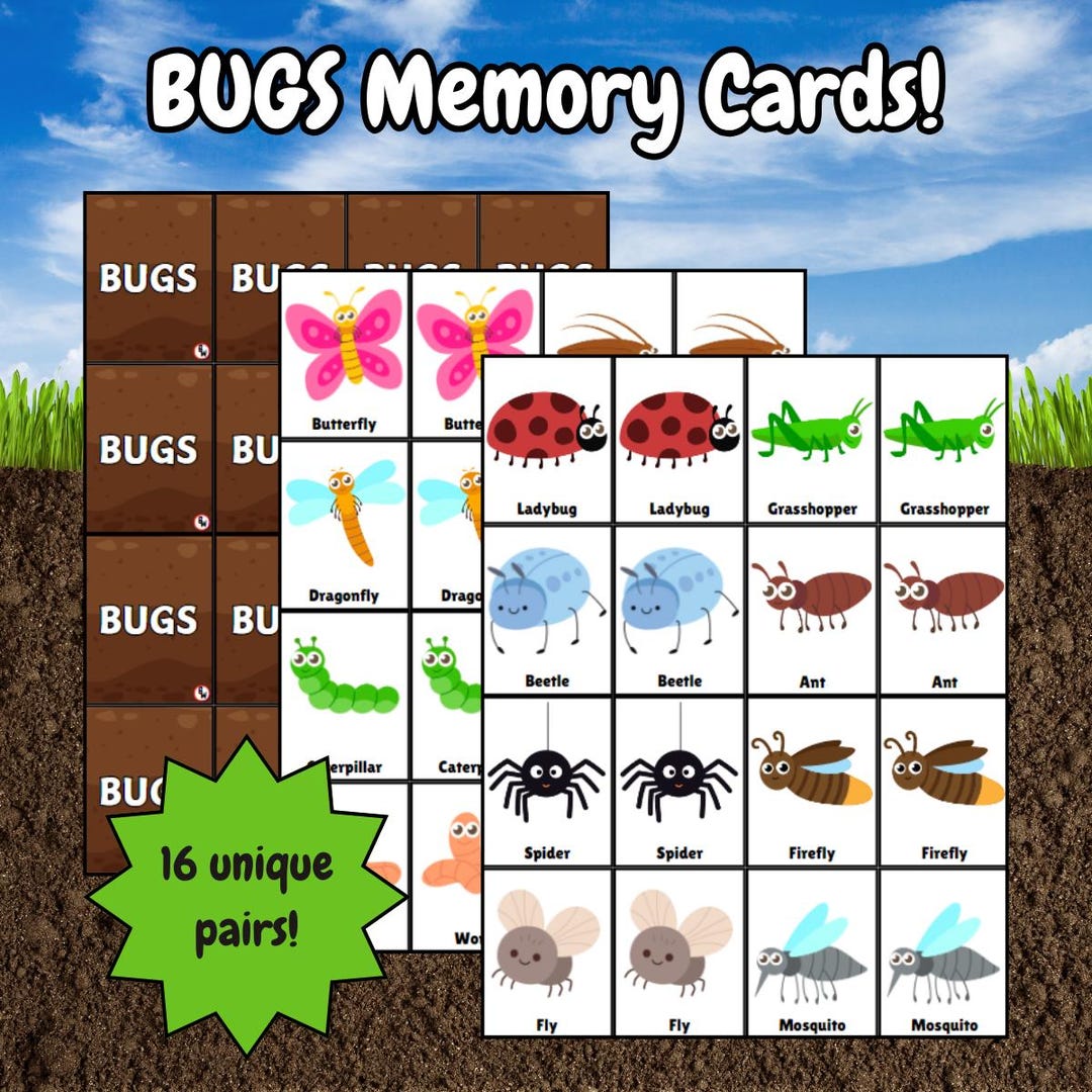 Set of 32 Bugs Themed Memory Matching Cards Printable Insect Game for ...