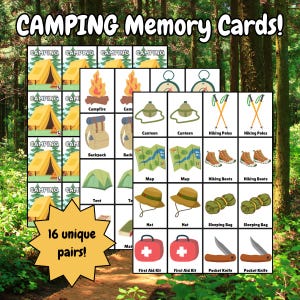 Jeu de 32 cartes mémoire sur le thème du camping | Jeu d'associations imprimable pour enfants