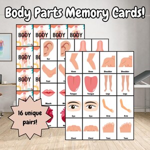 Juego de 32 tarjetas de memoria con temas de partes del cuerpo / Juego de combinación imprimible