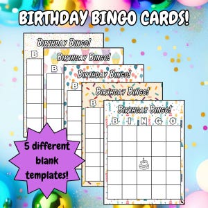 Birthday Bingo Cards! Set of 5 Printable Blank Cards for Fun Party Games