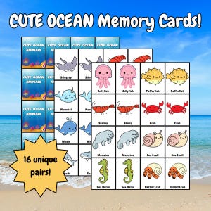 Cartões de memória de animais fofos do oceano | Conjunto de 32 cartões imprimíveis para crianças | Jogo educativo divertido