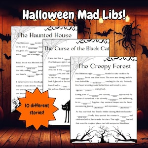 May include: Halloween Mad Libs! Three Halloween-themed fill-in-the-blank stories: "The Haunted House," "The Curse of the Black Cat," and "The Creepy Forest." Includes a starburst graphic that says "10 different stories!" with a black cat silhouette.
