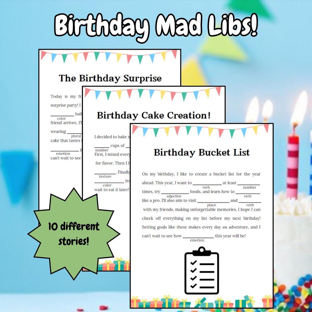 Printable Birthday-themed Mad Libs Set of 10 Original Fill-in-the-blank ...