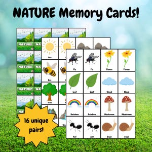 May include: A set of 16 nature-themed memory cards featuring colorful illustrations of a sun, bee, tree, fly, flower, leaf, cloud, rainbow, mushroom, ant, and snail. The cards are printed on white paper and have a green background.