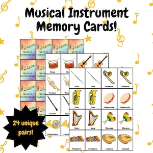 Juego de 48 tarjetas de memoria con temática de instrumentos musicales / Juego de combinación imprimible