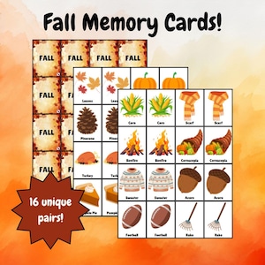 Juego de memoria con temática de otoño / 32 tarjetas imprimibles para niños / Actividad divertida de aprendizaje sobre el otoño
