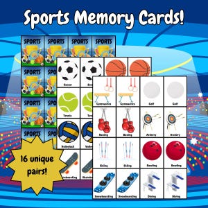 Set van 32 geheugenkaarten met sportthema | Afdrukbaar matchspel