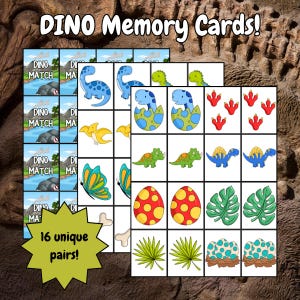 Bijpassende geheugenkaarten met dinosaurusthema | Set van 32 afdrukbare kaarten voor kinderen | Leuk educatief spel