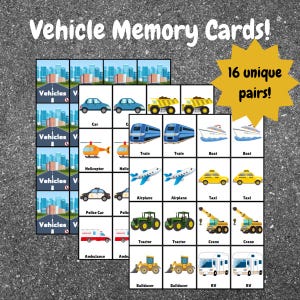 Juego de 32 tarjetas de memoria con temática de vehículos / Juego de combinación imprimible