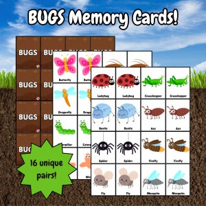 May include: A set of 16 colorful memory cards featuring different types of bugs, including a butterfly, ladybug, grasshopper, dragonfly, beetle, ant, caterpillar, spider, firefly, fly, and mosquito. The cards are printed on white paper with black outlines and are arranged in a grid.