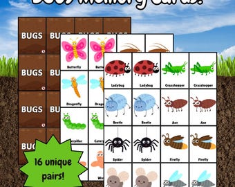 Set of 32 Bugs Themed Memory Matching Cards | Printable Insect Game for Kids