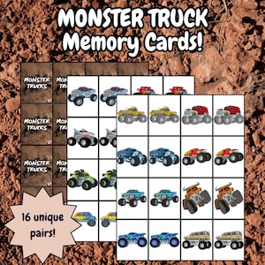 Monstertruck Memory Passende Karten | 32er Set (16 Paar) | Druckbarer Spaß für Kinder