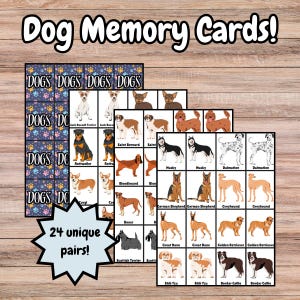 Set van 48 geheugenkaarten met hondenthema | Afdrukbaar matchingspel voor kinderen