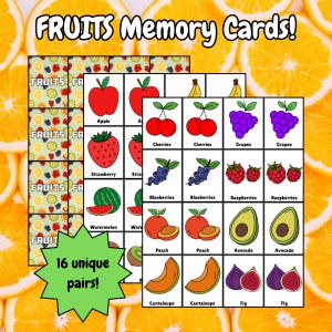 Set van 32 afdrukbare geheugenkaarten met fruitthema voor kinderen | Educatief spel | Leuke leeractiviteit