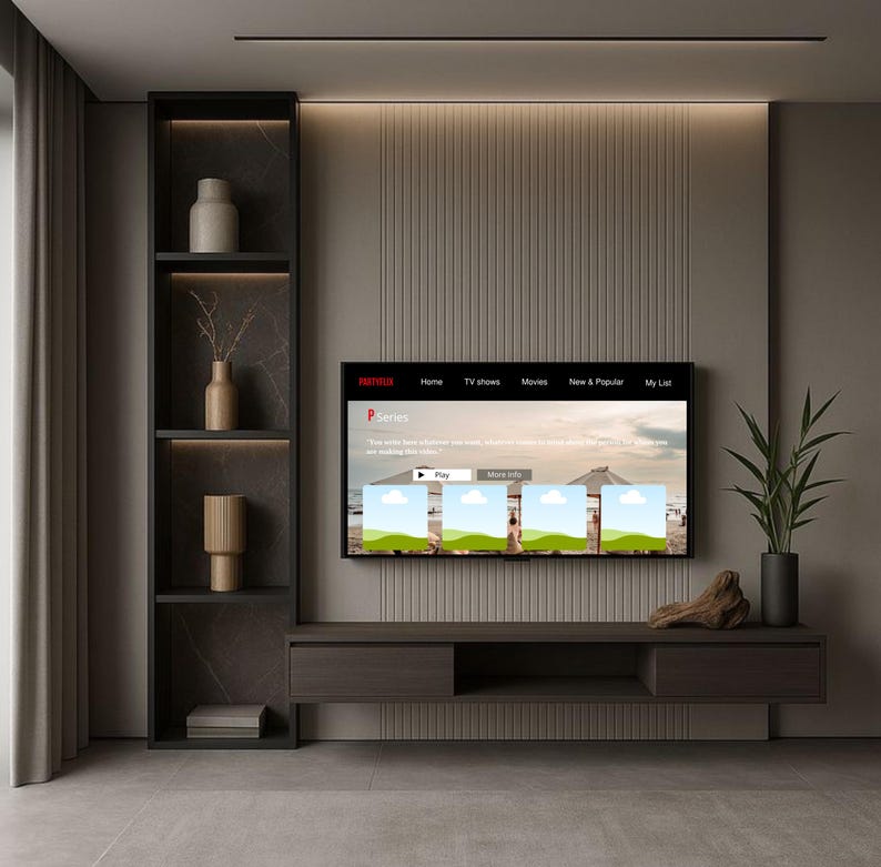 May include: A wall-mounted entertainment unit featuring a dark wood floating console and a tall, integrated shelving tower with marble-patterned back panels. A flat-screen television displays a streaming interface with the text P Series.
