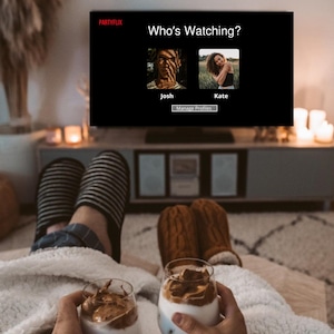 May include: A television screen displays a Partyflix interface with the text Who's Watching? and two profile icons labelled Josh and Kate. Below, two people hold glasses of layered coffee drinks while wearing striped and brown cable-knit slippers.
