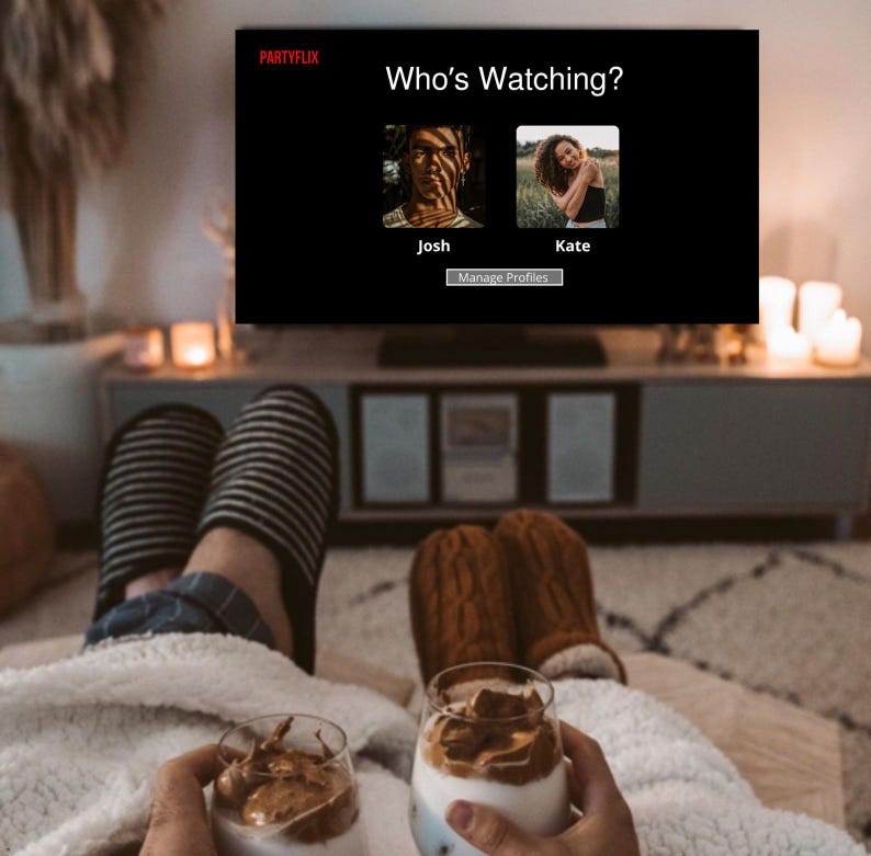 May include: A television screen displays a Partyflix interface with the text Who's Watching? and two profile icons labelled Josh and Kate. Below, two people hold glasses of layered coffee drinks while wearing striped and brown cable-knit slippers.