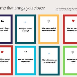 Puede incluir: Un juego con ocho tarjetas, cada una con una pregunta en un marco de color. El texto "A game that brings you closer" está en la parte superior. Las tarjetas tienen preguntas como "¿Qué recuerdo siempre te hace sonreír?" y "¿Cuál fue tu primera impresión de mí?"