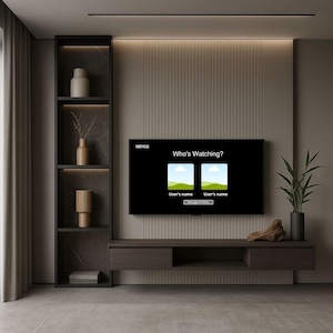 May include: A wall-mounted television displaying a Partyflix Who's Watching screen with two profile icons, positioned above a dark wood floating media console. To the left is a tall, dark shelving unit containing three vases and a stack of books.