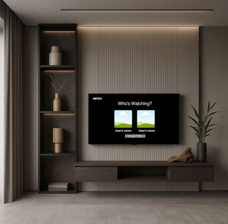 May include: A wall-mounted television displaying a Partyflix Who's Watching screen with two profile icons, positioned above a dark wood floating media console. To the left is a tall, dark shelving unit containing three vases and a stack of books.