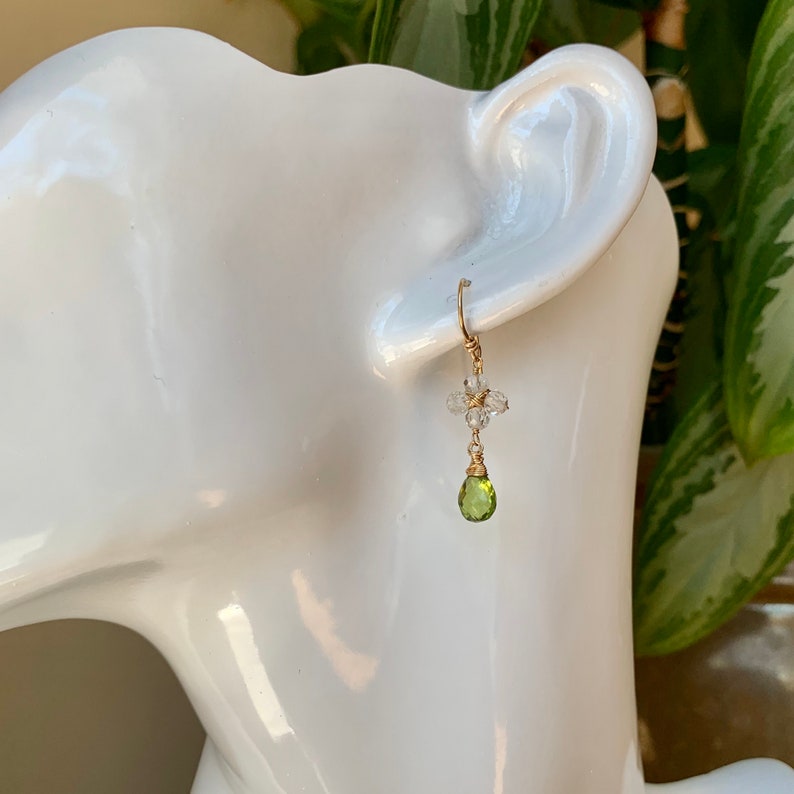 White topaz and peridot floral inspired earrings on gold fill wire